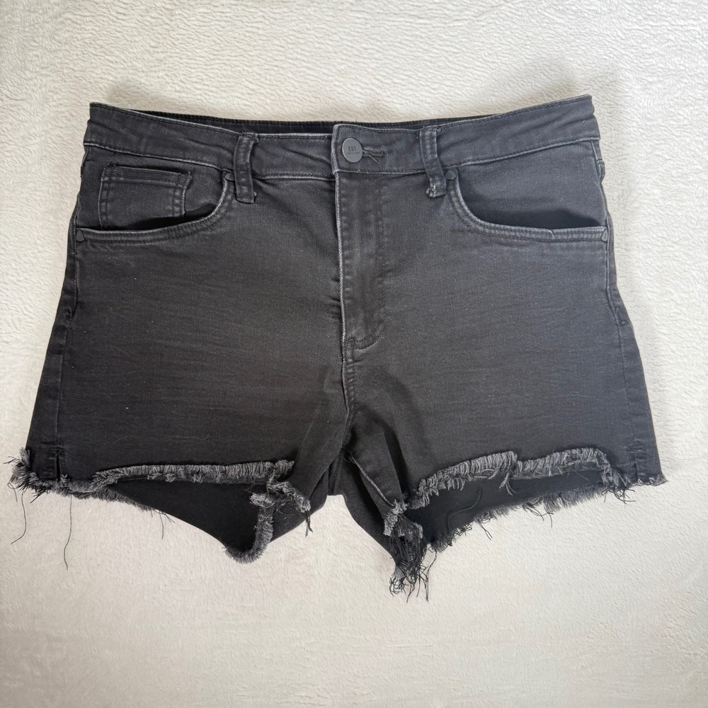 KUT from the Kloth Gidget Cut Off Denim Frayed Raw hem Shorts Sz 10 Black Womens
